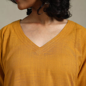 Yellow Slub Cotton A-Line Plain Kurta with Hand Embroidery