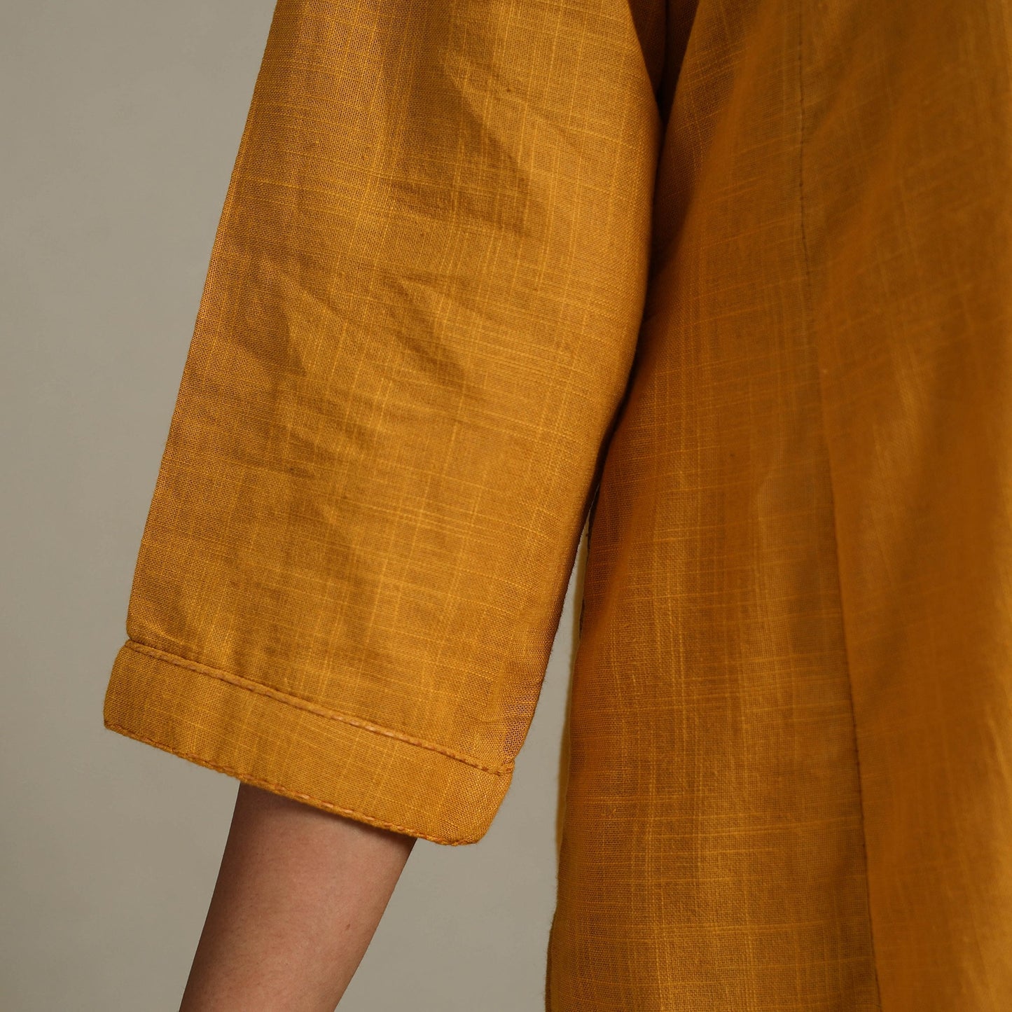 Yellow Slub Cotton A-Line Plain Kurta with Hand Embroidery
