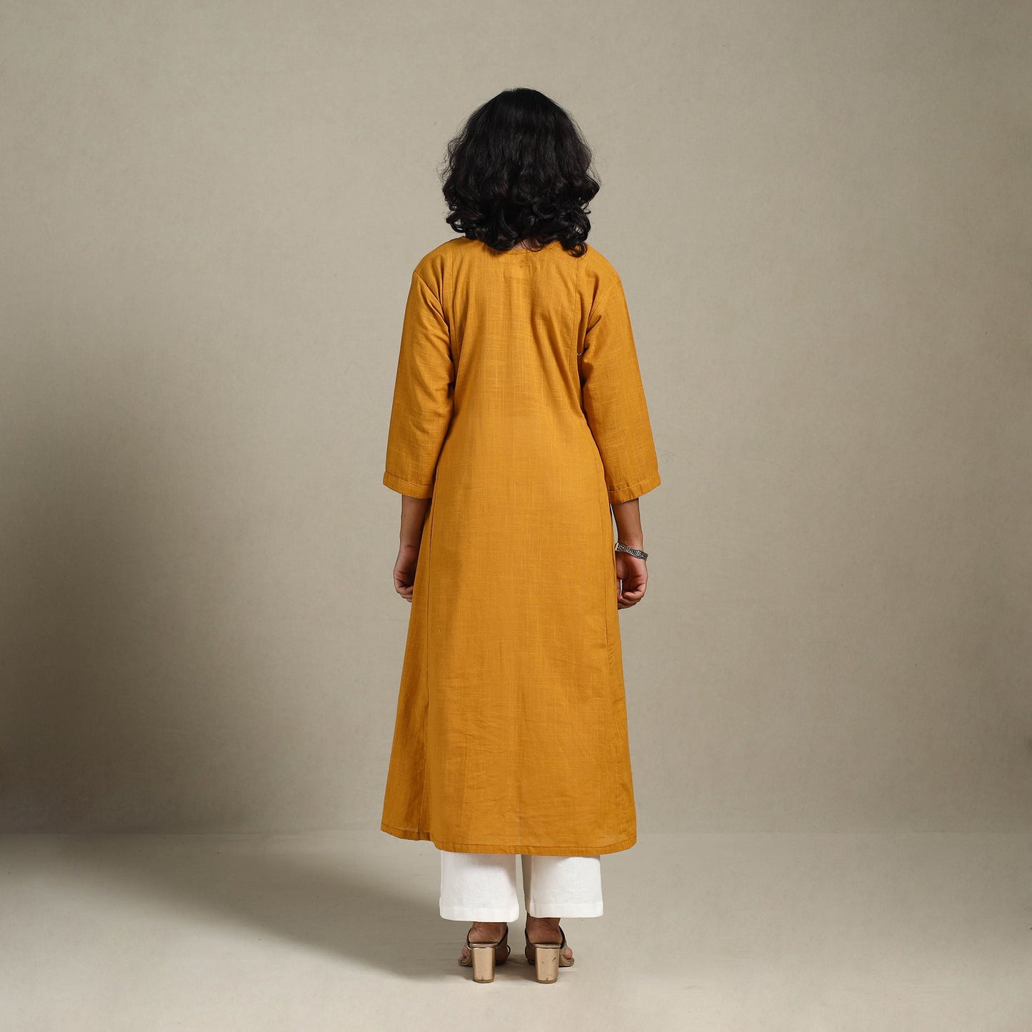 Yellow Slub Cotton A-Line Plain Kurta with Hand Embroidery