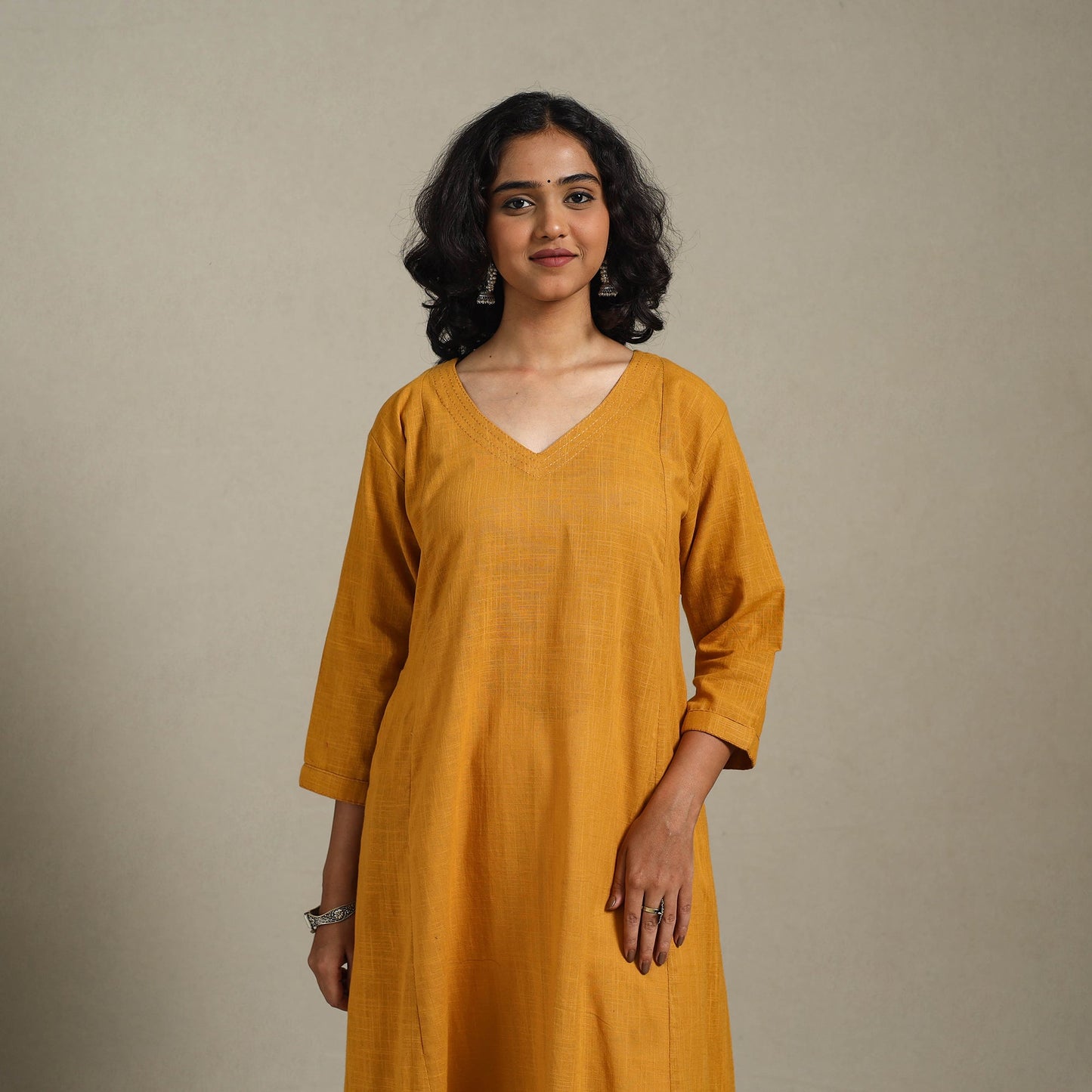 Yellow Slub Cotton A-Line Plain Kurta with Hand Embroidery