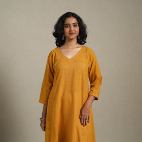 Yellow Slub Cotton A-Line Plain Kurta with Hand Embroidery