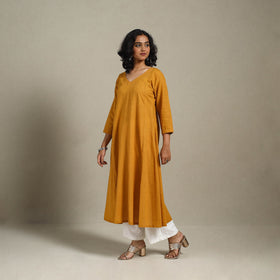 Yellow Slub Cotton A-Line Plain Kurta with Hand Embroidery