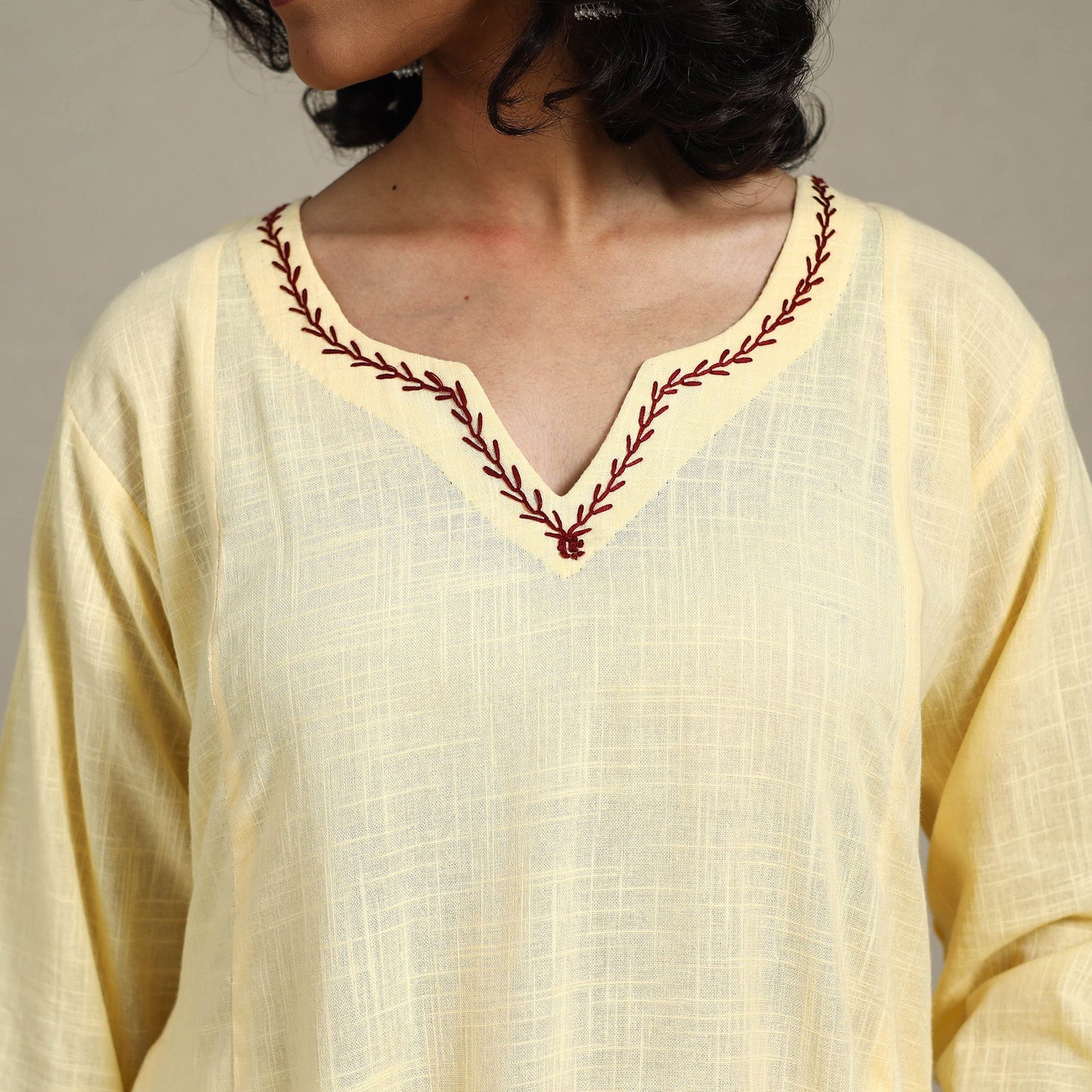 Yellow Slub Cotton A-Line Plain Kurta with Hand Embroidery