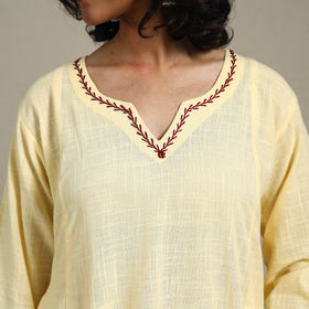 Yellow Slub Cotton A-Line Plain Kurta with Hand Embroidery