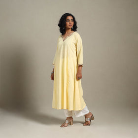 Yellow Slub Cotton A-Line Plain Kurta with Hand Embroidery
