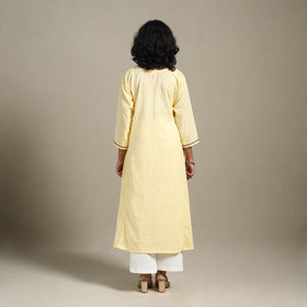 Yellow Slub Cotton A-Line Plain Kurta with Hand Embroidery