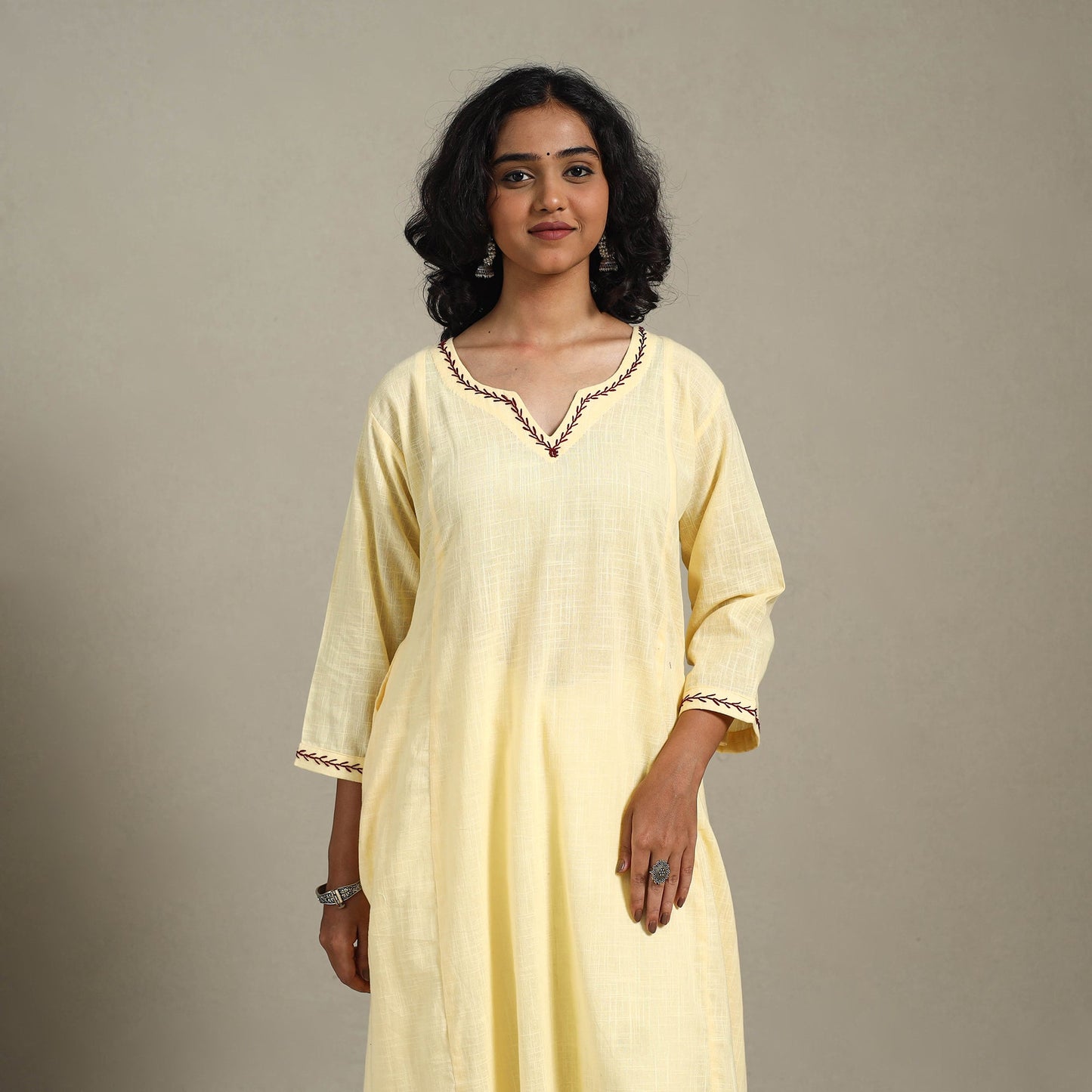 Yellow Slub Cotton A-Line Plain Kurta with Hand Embroidery