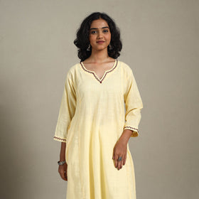 Yellow Slub Cotton A-Line Plain Kurta with Hand Embroidery