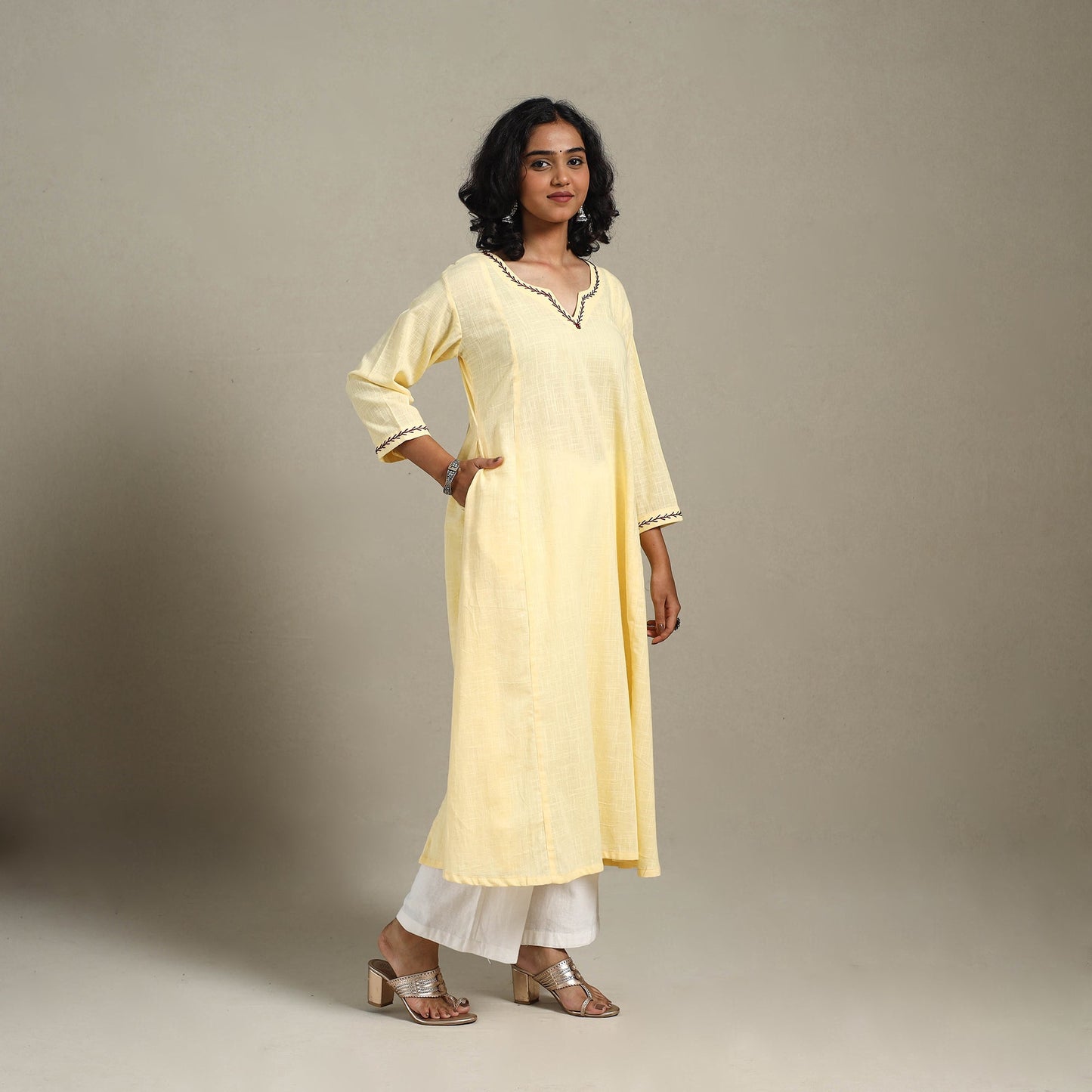 Yellow Slub Cotton A-Line Plain Kurta with Hand Embroidery