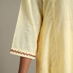 Yellow Slub Cotton A-Line Plain Kurta with Hand Embroidery