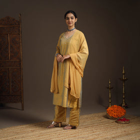 Yellow - slub silk embroidered plain kurta set (set of 3)