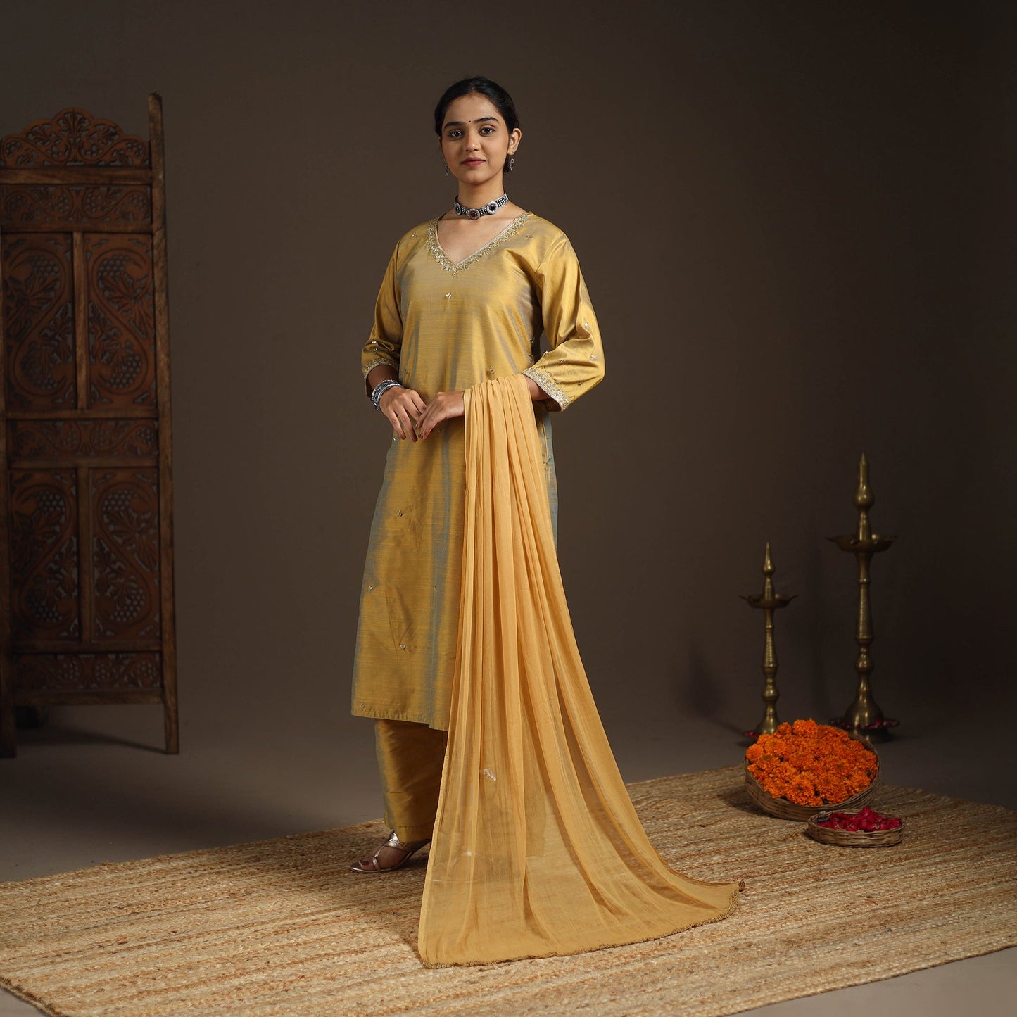 Yellow - slub silk embroidered plain kurta set (set of 3)