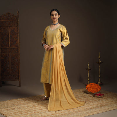 Yellow - slub silk embroidered plain kurta set (set of 3)