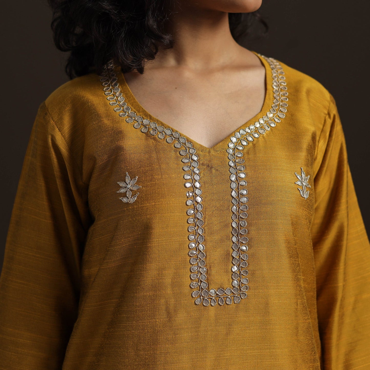Yellow - slub silk gota work straight plain kurta 09