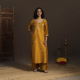 Yellow - slub silk gota work straight plain kurta 09