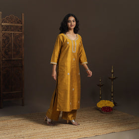 Yellow - slub silk gota work straight plain kurta 09