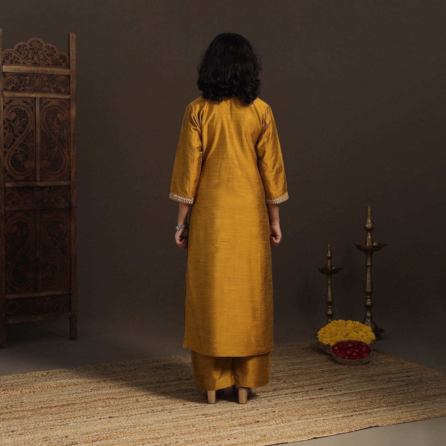 Yellow - slub silk gota work straight plain kurta 09