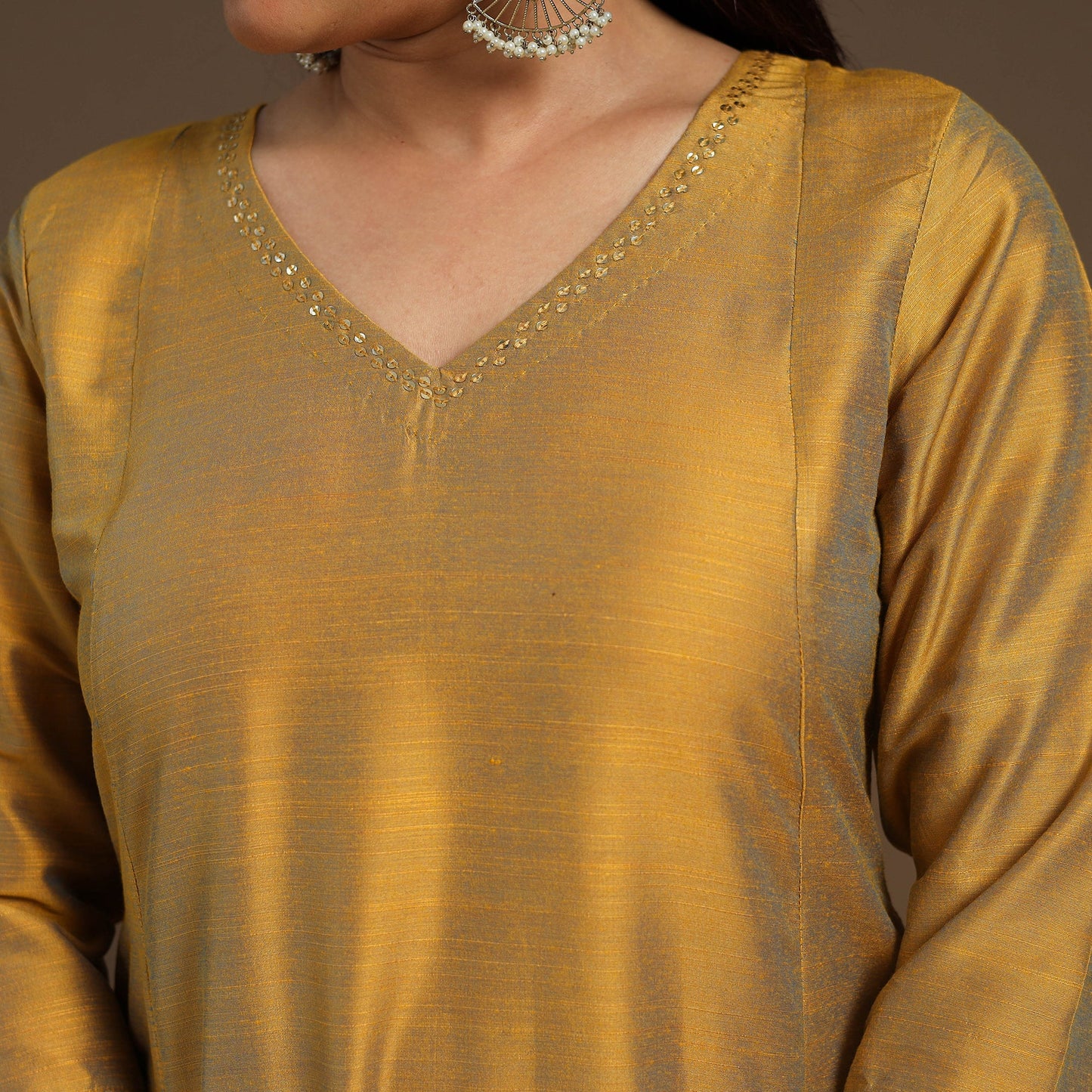 Yellow Slub Silk A-Line Plain Kurta with Hand Embroidery