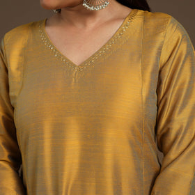Yellow Slub Silk A-Line Plain Kurta with Hand Embroidery