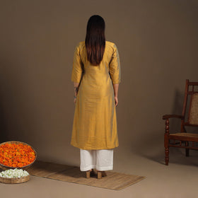 Yellow Slub Silk A-Line Plain Kurta with Hand Embroidery