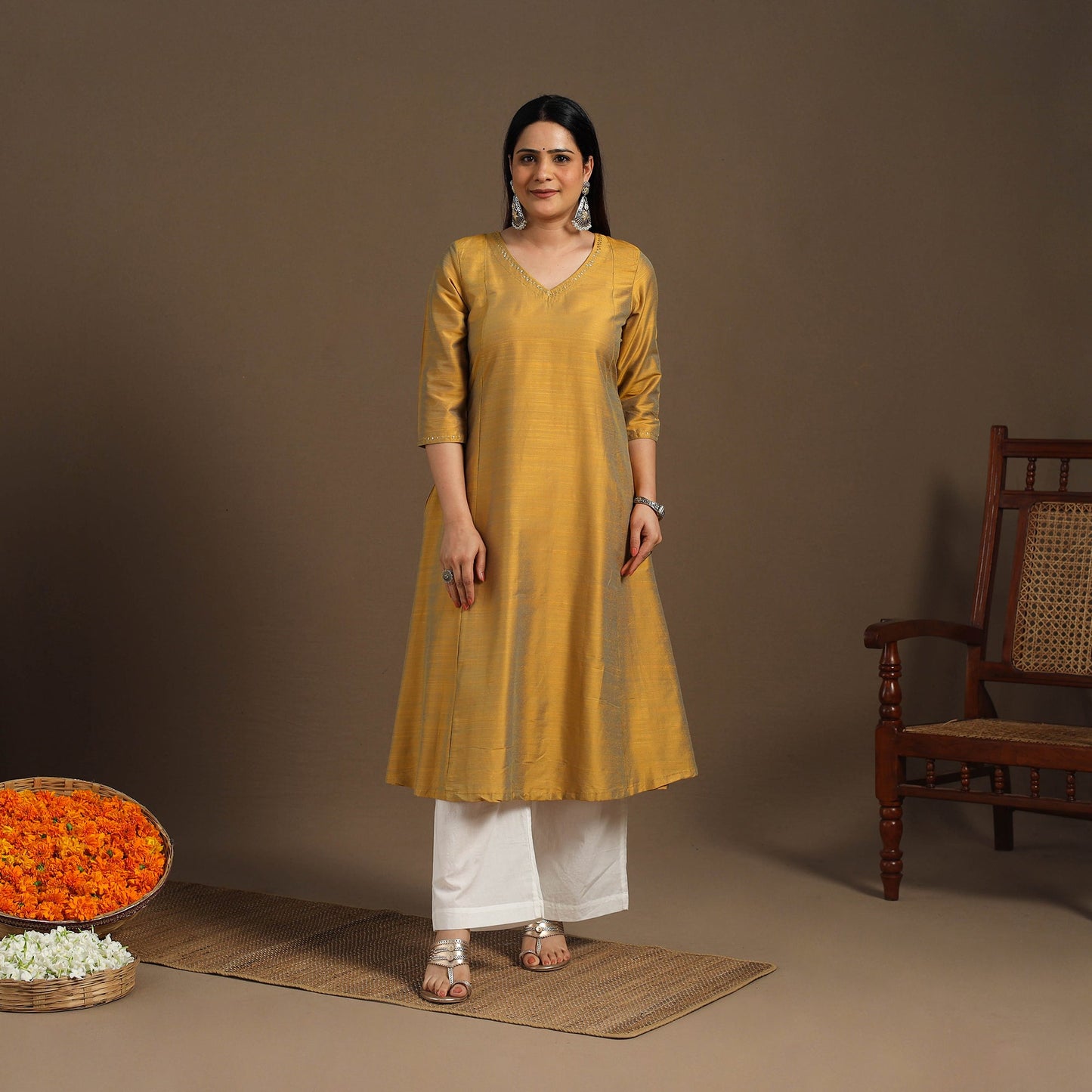 Yellow Slub Silk A-Line Plain Kurta with Hand Embroidery
