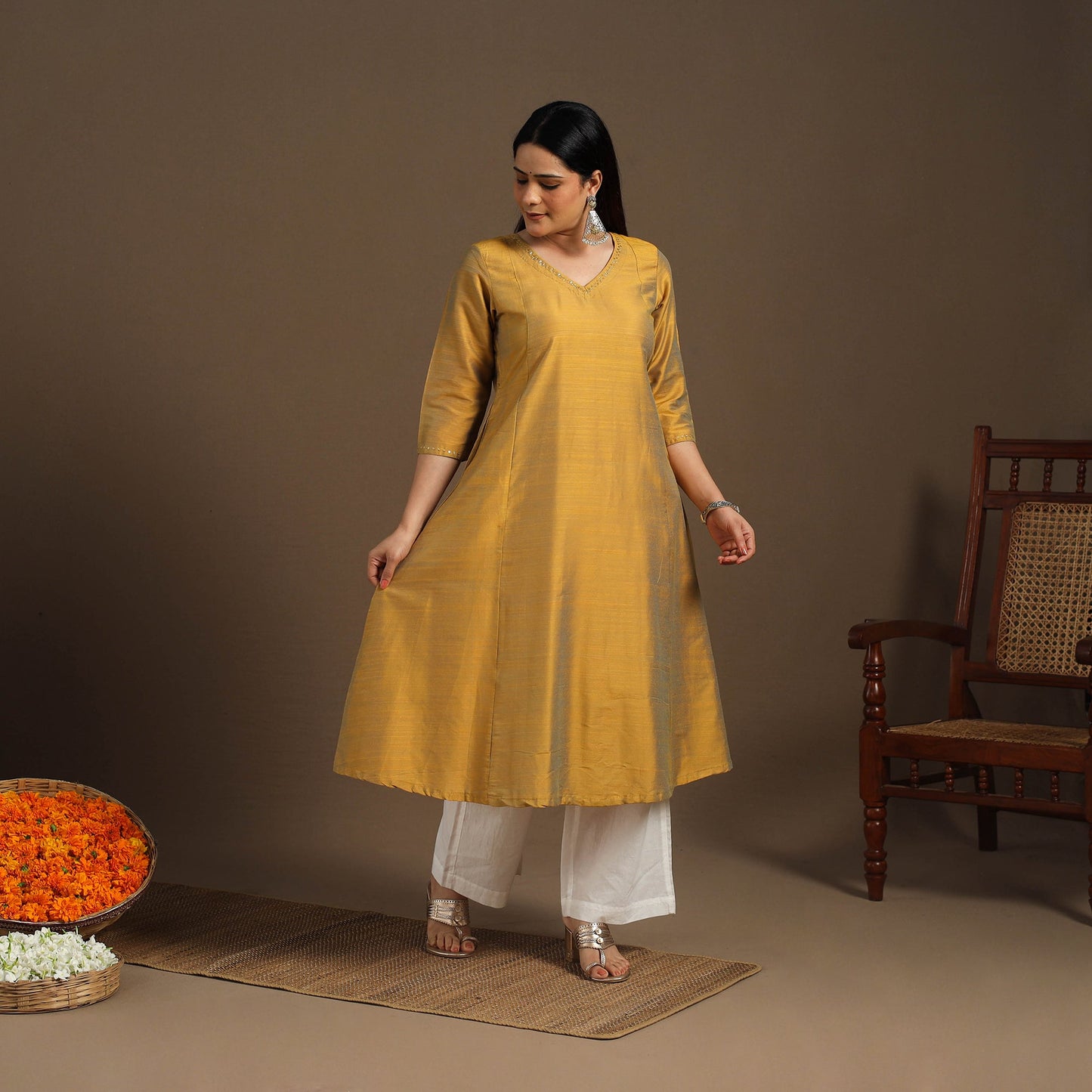 Yellow Slub Silk A-Line Plain Kurta with Hand Embroidery