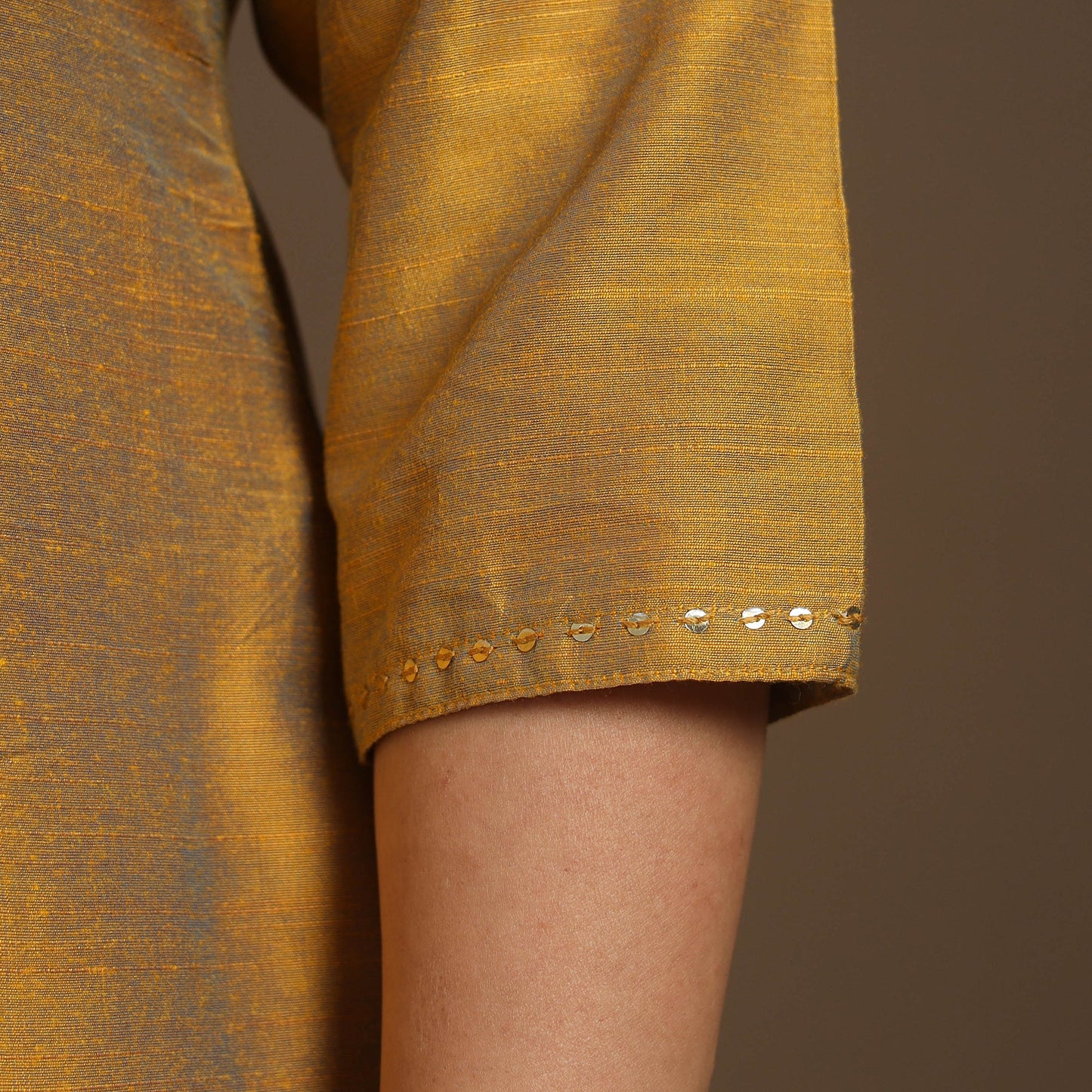 Yellow Slub Silk A-Line Plain Kurta with Hand Embroidery