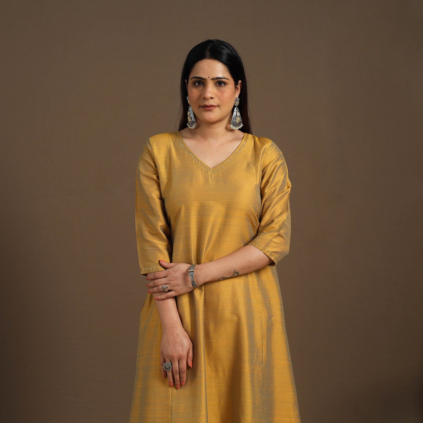 Yellow Slub Silk A-Line Plain Kurta with Hand Embroidery