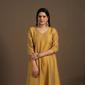 Yellow Slub Silk A-Line Plain Kurta with Hand Embroidery