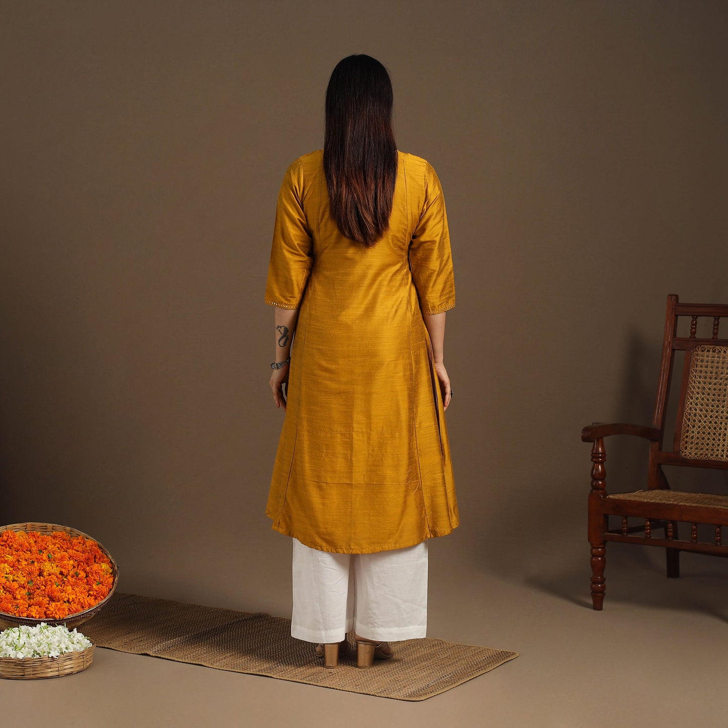Yellow Slub Silk A-Line Plain Kurta with Hand Embroidery