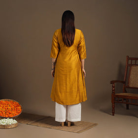 Yellow Slub Silk A-Line Plain Kurta with Hand Embroidery