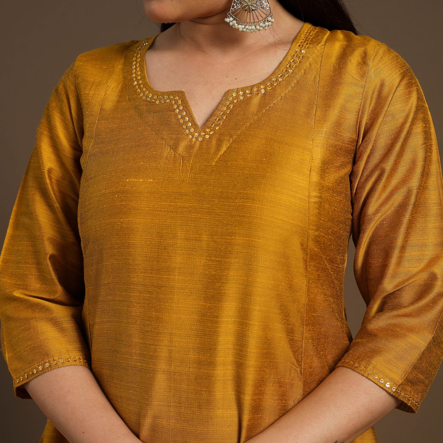 Yellow Slub Silk A-Line Plain Kurta with Hand Embroidery