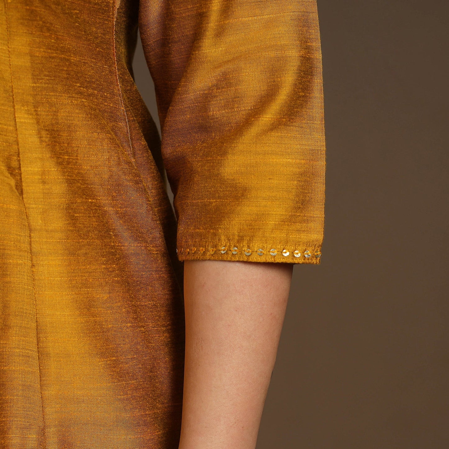 Yellow Slub Silk A-Line Plain Kurta with Hand Embroidery