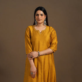 Yellow Slub Silk A-Line Plain Kurta with Hand Embroidery