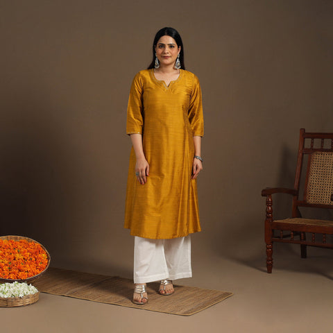 Yellow Slub Silk A-Line Plain Kurta with Hand Embroidery