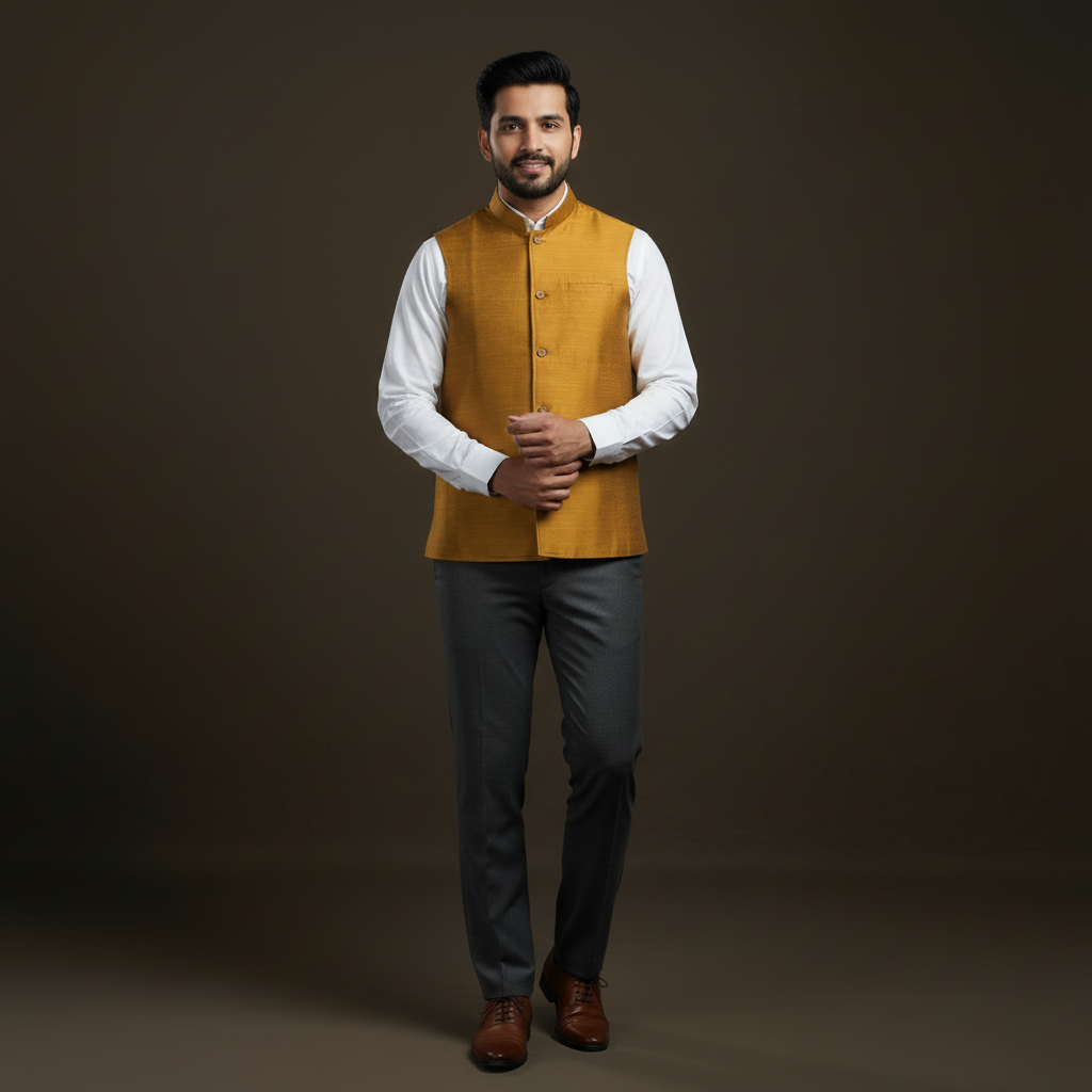 Slub silk men plain nehru jacket 01 - handcrafted