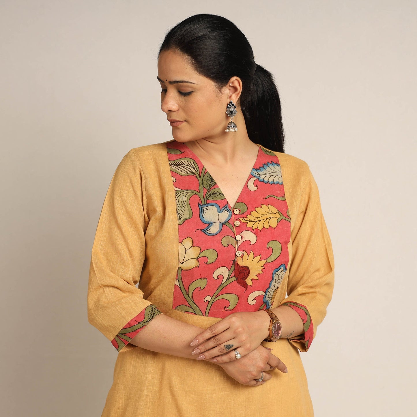  Srikalahasti Kalamkari Patchwork Plain Cotton Long Kurta 