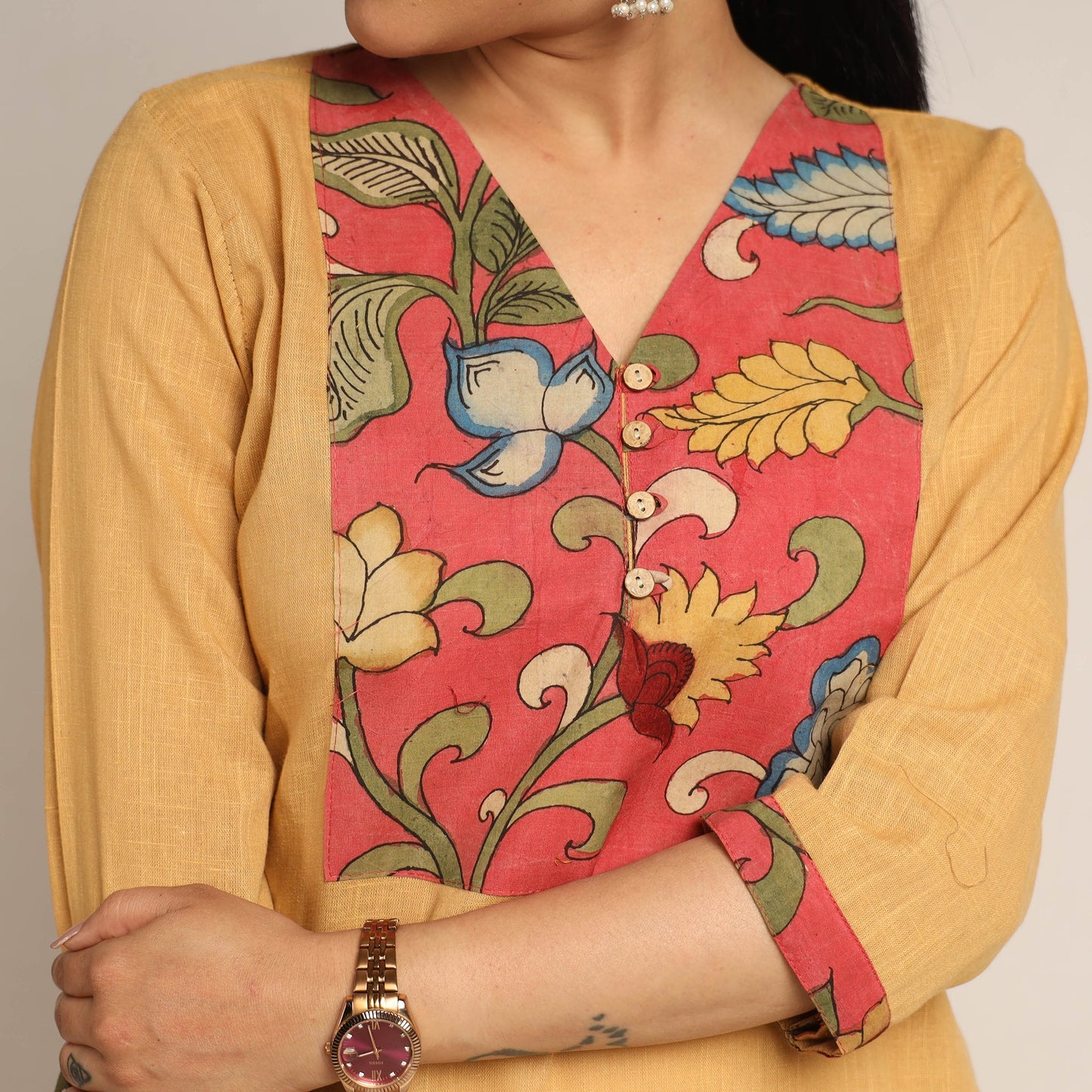  Srikalahasti Kalamkari Patchwork Plain Cotton Long Kurta 