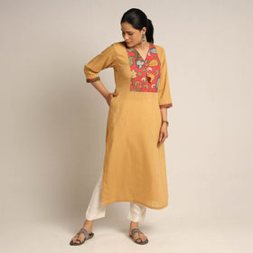  Srikalahasti Kalamkari Patchwork Plain Cotton Long Kurta 
