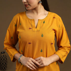 Yellow Straight Cotton Jacquard Kurta for Women
