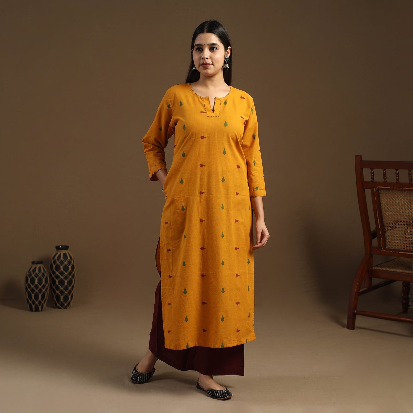 Yellow Straight Cotton Jacquard Kurta for Women