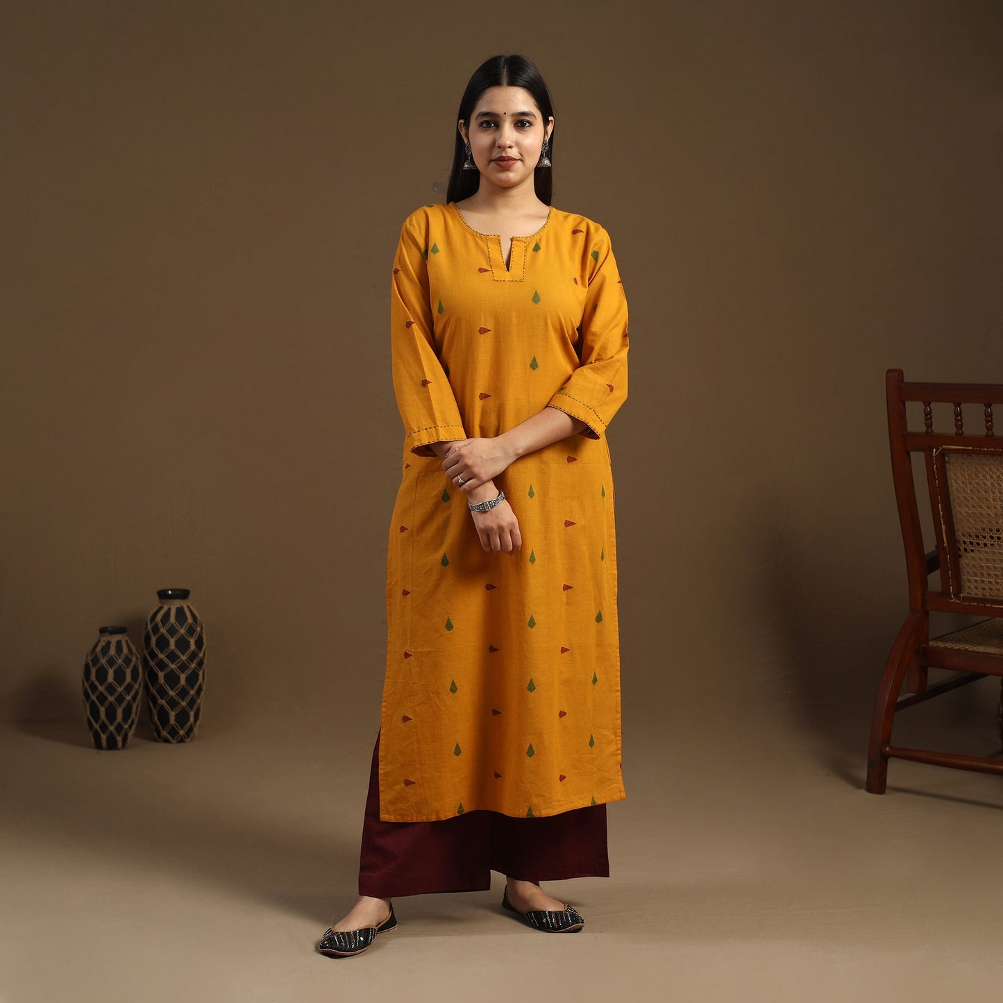 Yellow Straight Cotton Jacquard Kurta for Women
