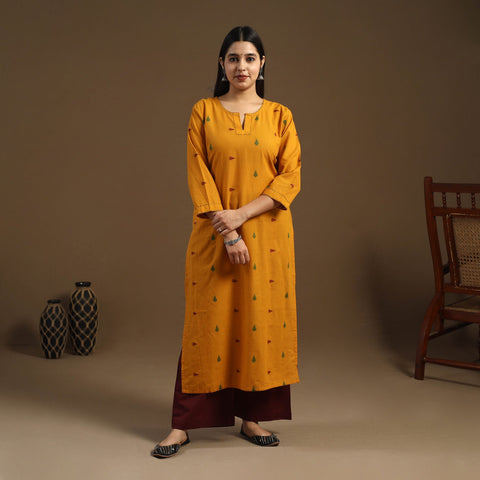 Yellow Straight Cotton Jacquard Kurta for Women