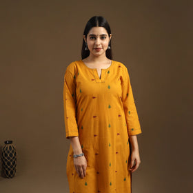 Yellow Straight Cotton Jacquard Kurta for Women