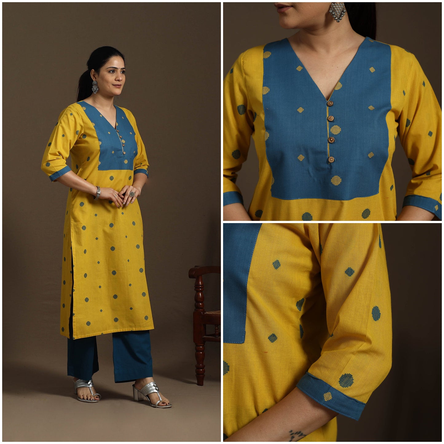Straight cotton patchwork jacquard kurta for women 12
