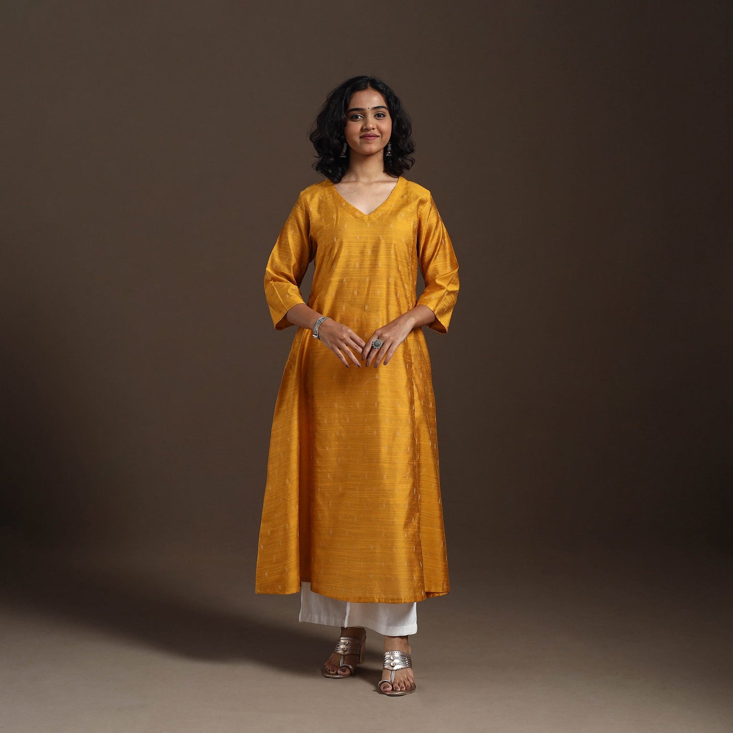 Yellow Thread Buti A-Line Spun Dupion Silk Kurta