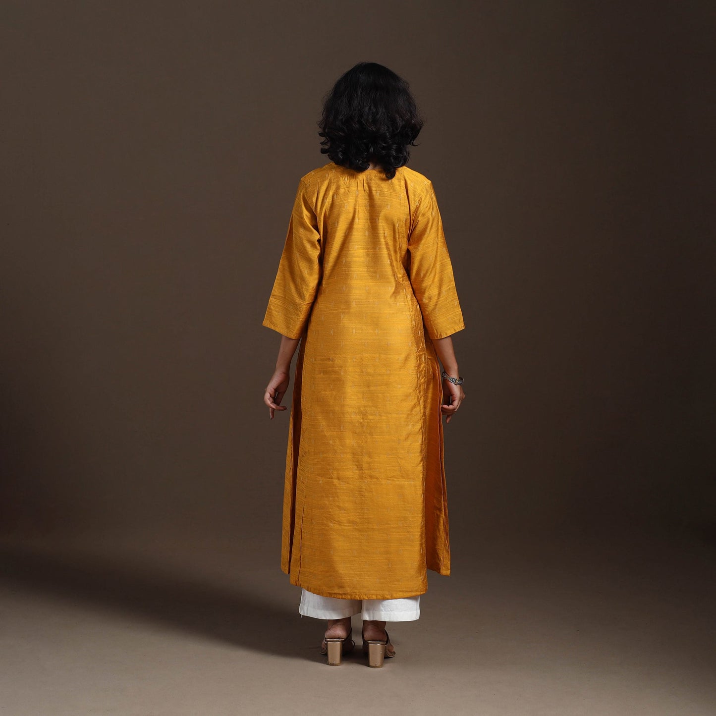 Yellow Thread Buti A-Line Spun Dupion Silk Kurta