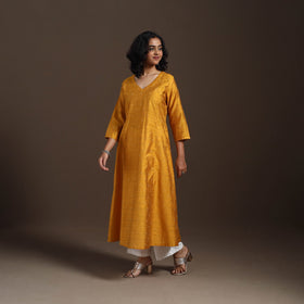 Yellow Thread Buti A-Line Spun Dupion Silk Kurta