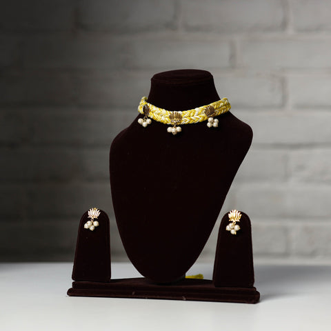 Yellow - thread work german silver necklace set 01