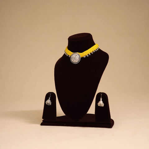 Yellow - thread work german silver necklace set 09